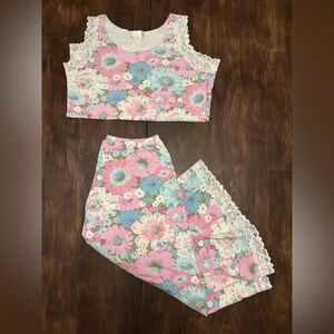 Women’s Pink Blue Floral Lace-Trim Pajama Set